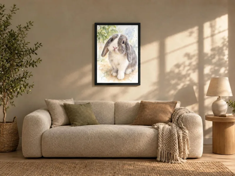 Ander dier in aquarel op canvas in een zwarte baklijst, boven de bank