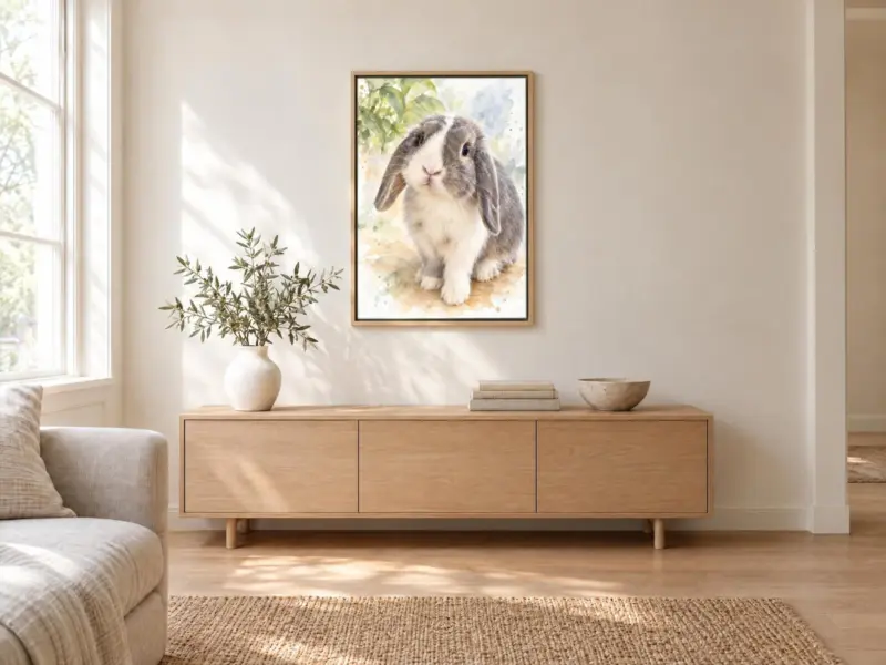 Ander dier in aquarel op canvas in een houten baklijst, boven een dressoir