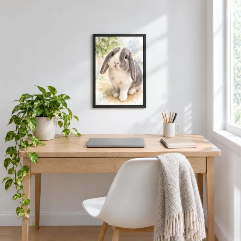 Ander dier in aquarel op canvas in een zwarte baklijst, boven een bureau