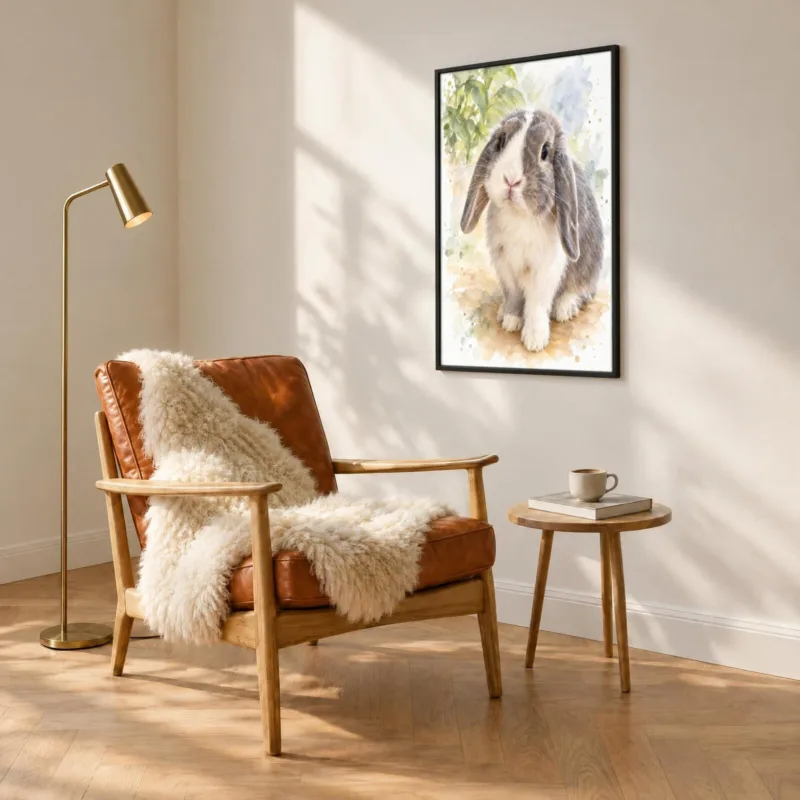 Ander dier in aquarel in een zwarte lijst, boven een fauteuil