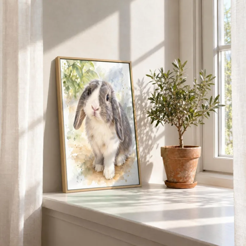 Ander dier in aquarel op canvas in een houten baklijst, in de vensterbank