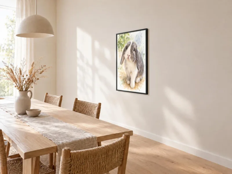 Ander dier in aquarel in een zwarte lijst, bij de eettafel