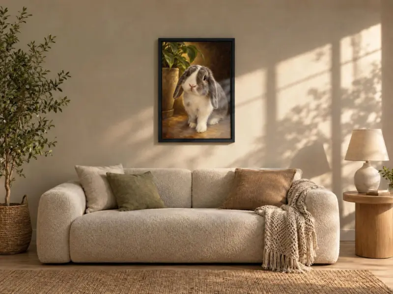 Ander dier klassiek geschilderd op canvas in een zwarte baklijst, boven de bank