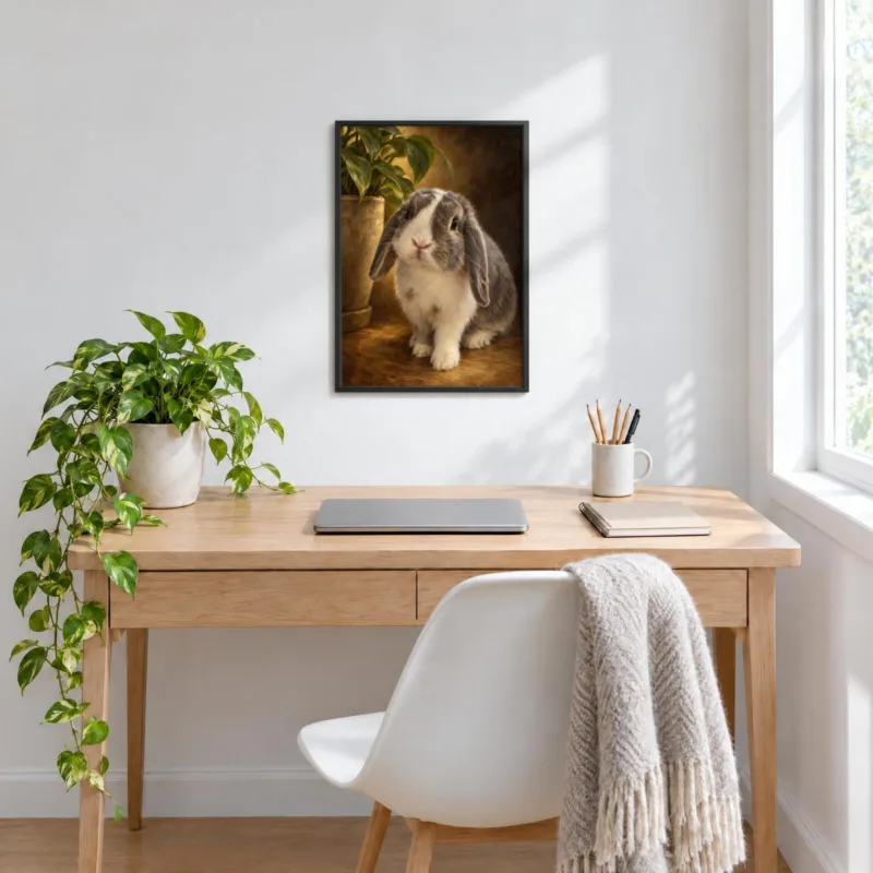 Ander dier klassiek geschilderd in een zwarte lijst, boven een bureau