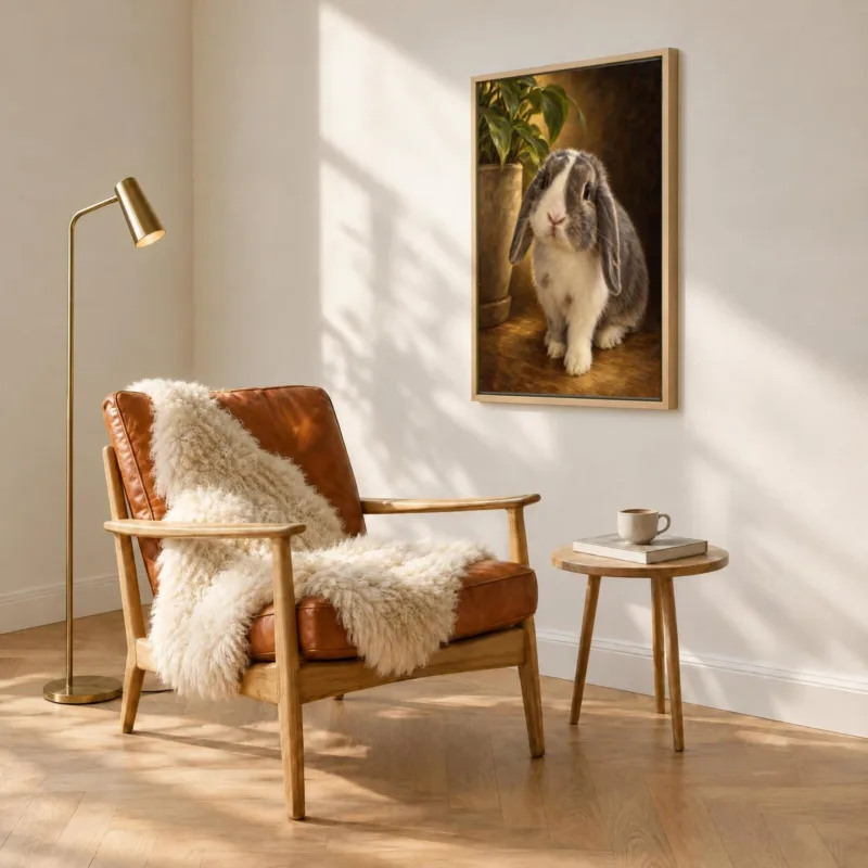 Ander dier klassiek geschilderd op canvas in een houten baklijst, boven een fauteuil
