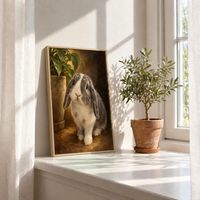 Ander dier klassiek geschilderd op canvas in een houten baklijst, in de vensterbank