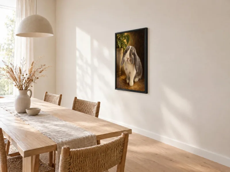 Ander dier klassiek geschilderd op canvas in een zwarte baklijst, bij de eettafel
