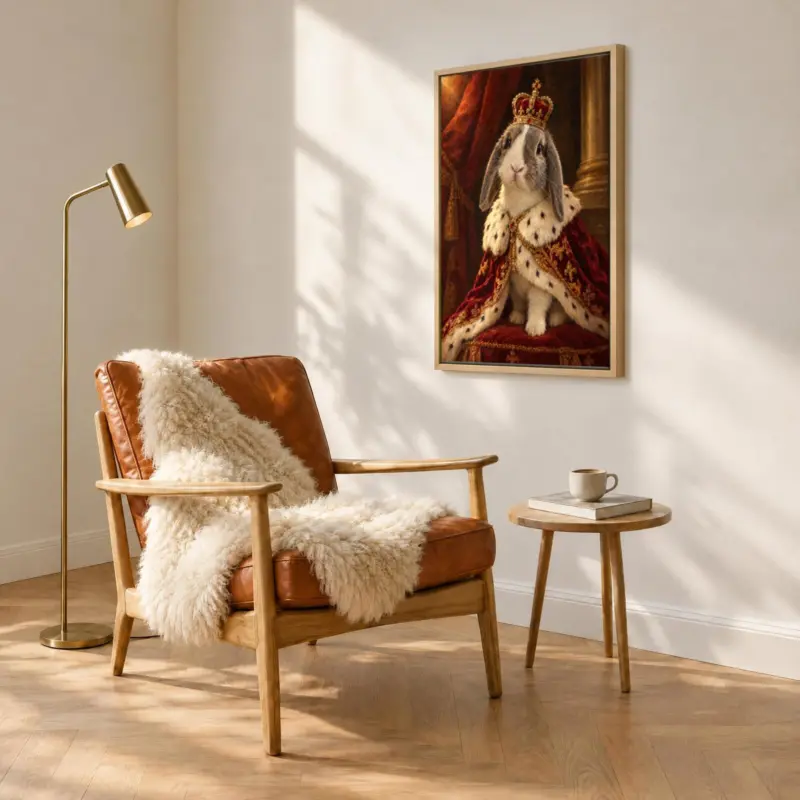 Ander dier koninklijk geschilderd op canvas in een houten baklijst, boven een fauteuil