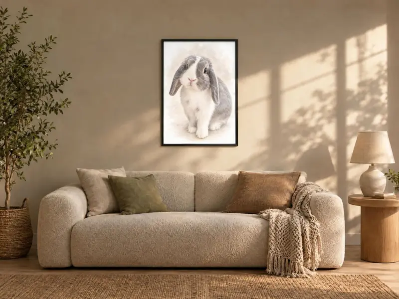 Ander dier in pastel in een zwarte lijst, boven de bank