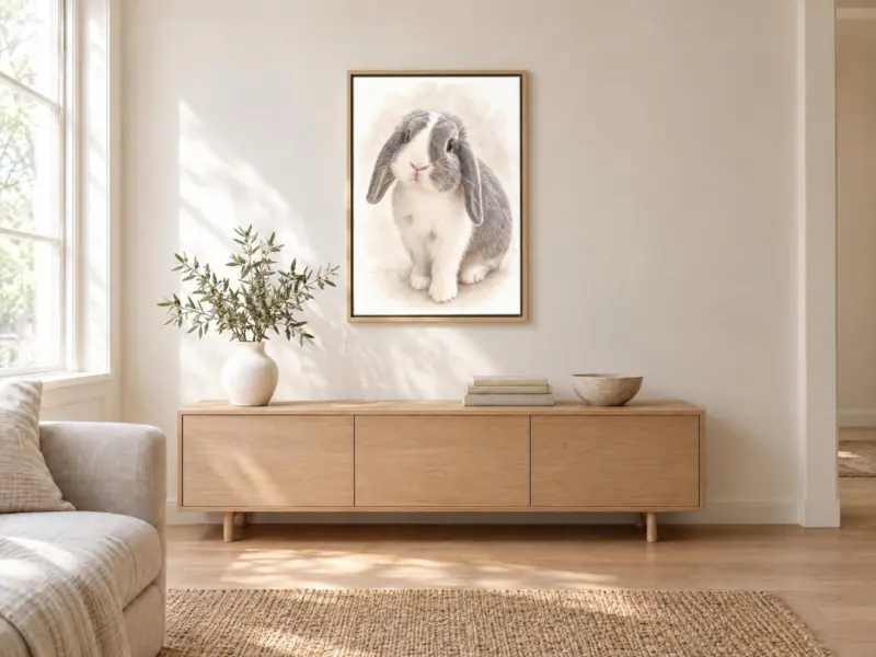 Ander dier in pastel op canvas in een houten baklijst, boven een dressoir
