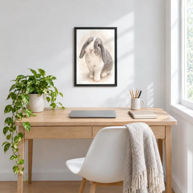 Ander dier in pastel op canvas in een zwarte baklijst, boven een bureau