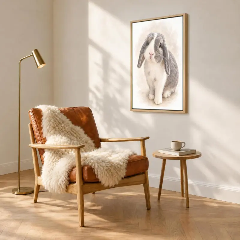 Ander dier in pastel op canvas in een houten baklijst, boven een fauteuil