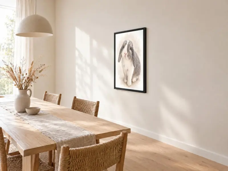 Ander dier in pastel op canvas in een zwarte baklijst, bij de eettafel