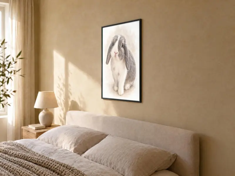 Ander dier in pastel in een zwarte lijst, in de slaapkamer