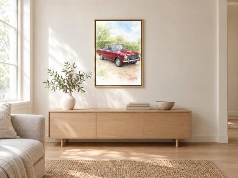 Autoportret in aquarel op canvas in een houten baklijst, boven een dressoir