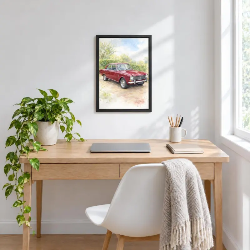 Autoportret in aquarel op canvas in een zwarte baklijst, boven een bureau