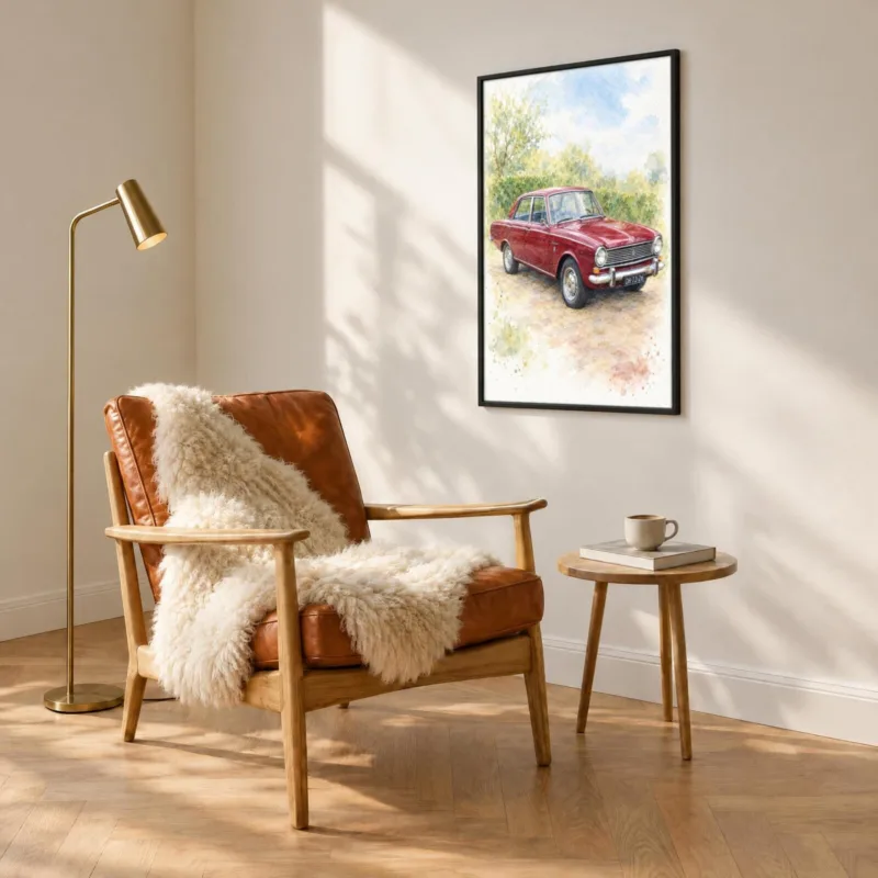 Autoportret in aquarel in een zwarte lijst, boven een fauteuil