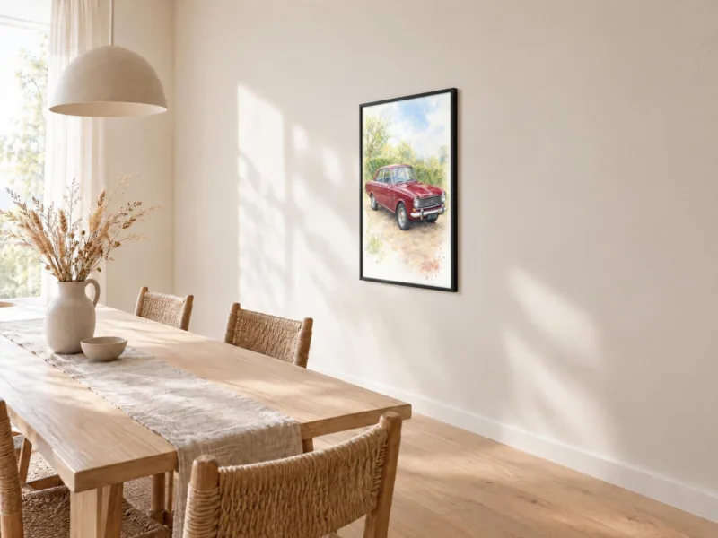 Autoportret in aquarel in een zwarte lijst, bij de eettafel