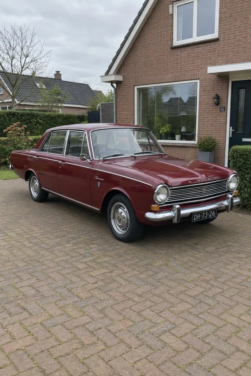 Foto van een rode klassieke auto op de oprit