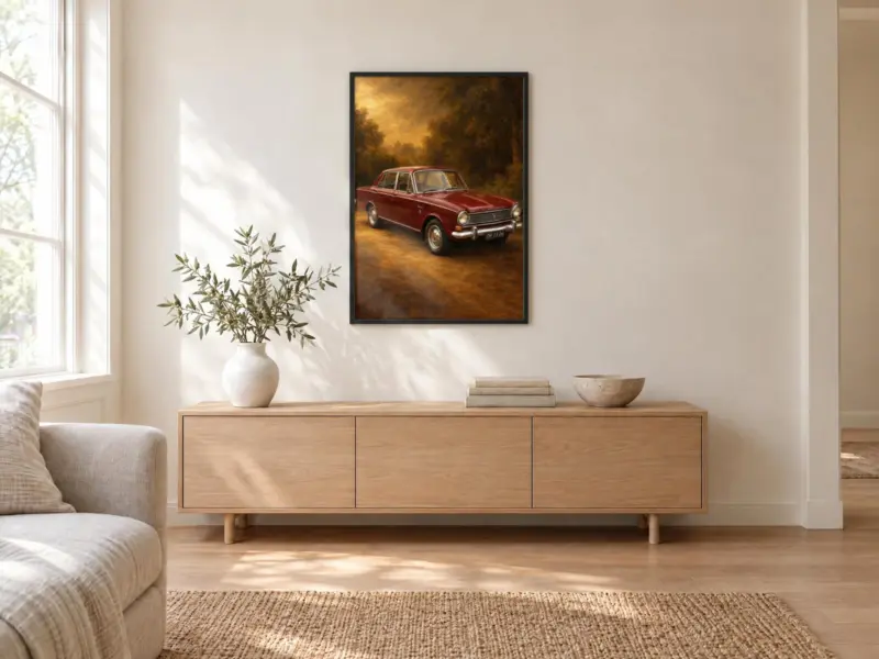 Autoportret klassiek geschilderd in een zwarte lijst, boven een dressoir