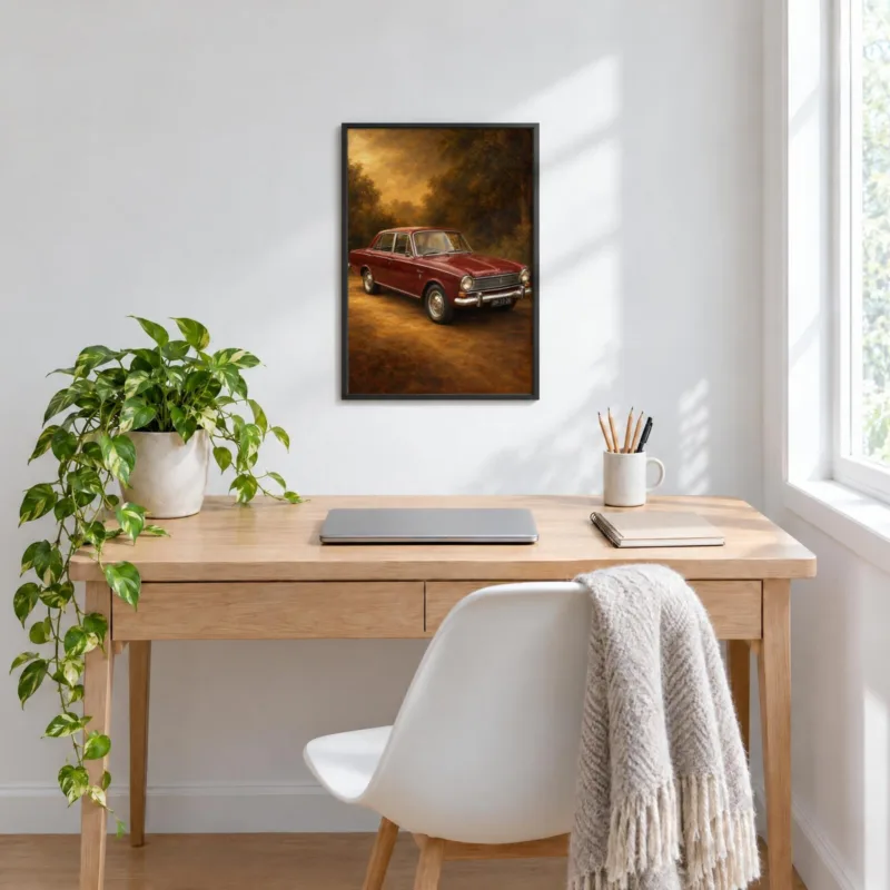 Autoportret klassiek geschilderd in een zwarte lijst, boven een bureau