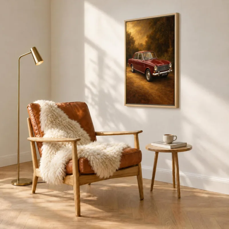 Autoportret klassiek geschilderd op canvas in een houten baklijst, boven een fauteuil