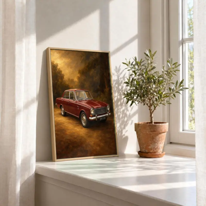 Autoportret klassiek geschilderd op canvas in een houten baklijst, in de vensterbank