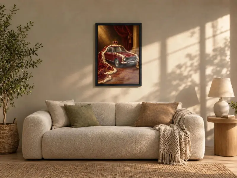 Autoportret koninklijk geschilderd op canvas in een zwarte baklijst, boven de bank