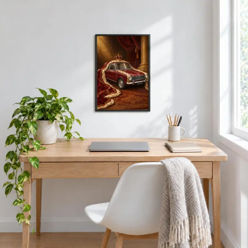 Autoportret koninklijk geschilderd in een zwarte lijst, boven een bureau
