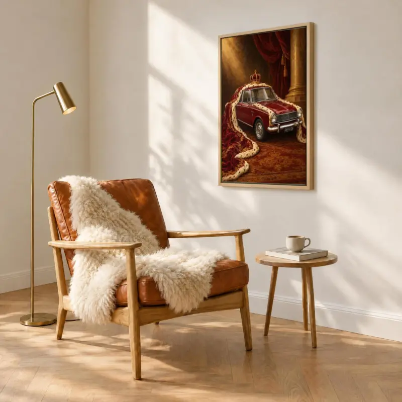 Autoportret koninklijk geschilderd op canvas in een houten baklijst, boven een fauteuil