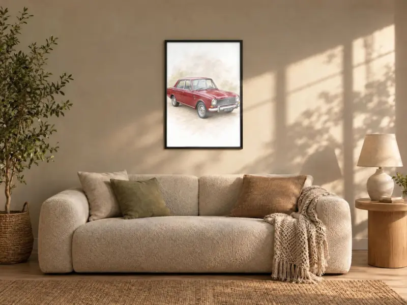 Autoportret in pastel in een zwarte lijst, boven de bank
