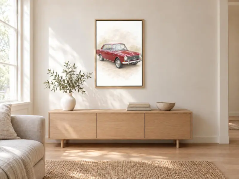 Autoportret in pastel op canvas in een houten baklijst, boven een dressoir