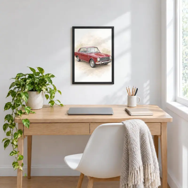 Autoportret in pastel op canvas in een zwarte baklijst, boven een bureau