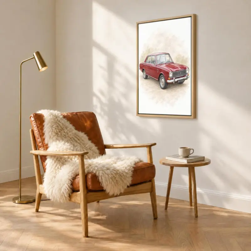 Autoportret in pastel op canvas in een houten baklijst, boven een fauteuil