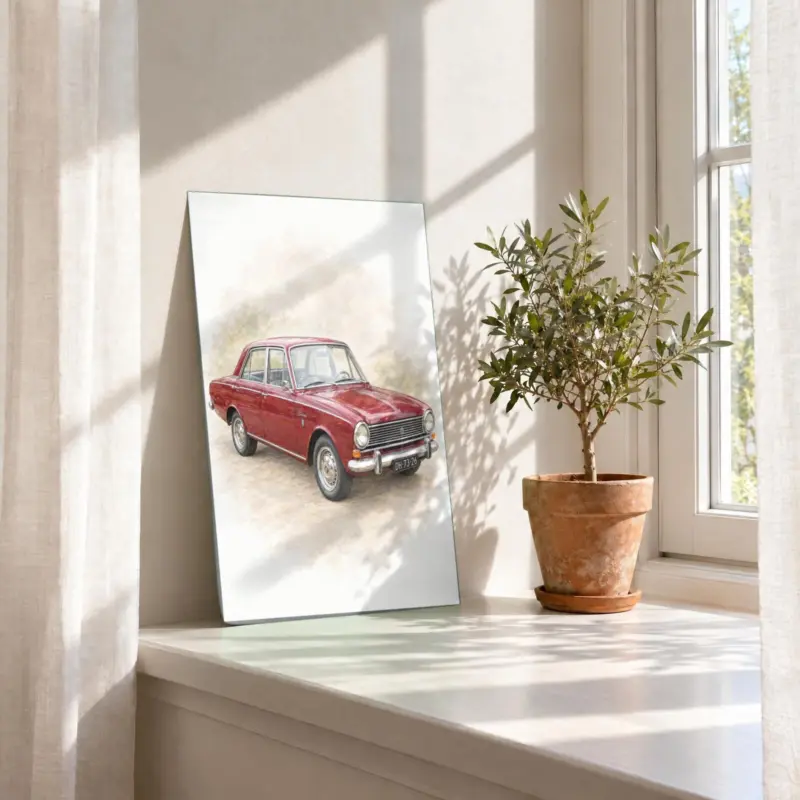Autoportret in pastel als losse print, in de vensterbank