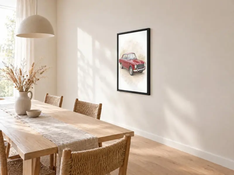 Autoportret in pastel op canvas in een zwarte baklijst, bij de eettafel