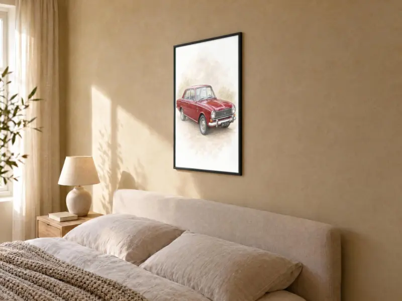 Autoportret in pastel in een zwarte lijst, in de slaapkamer
