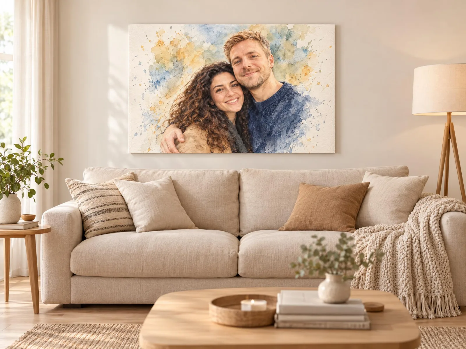Groot liggend portret in aquarel boven een lichte bank