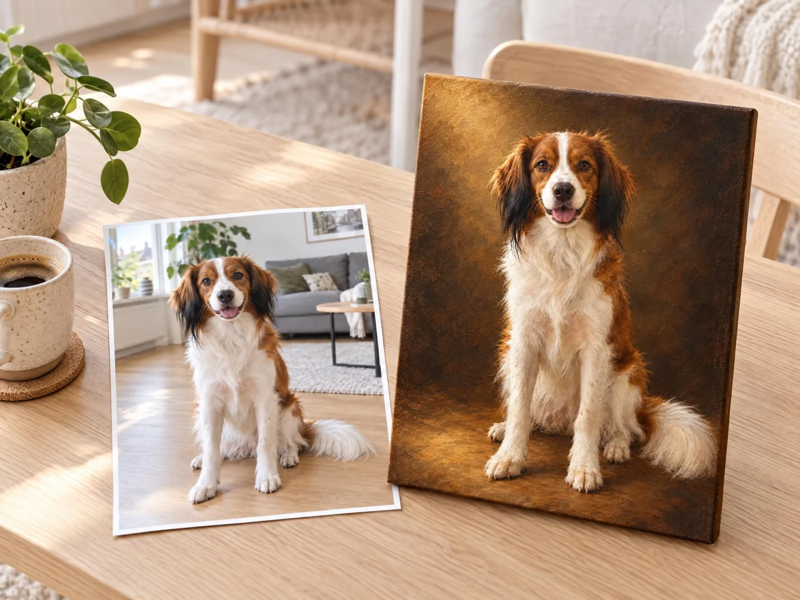 Foto van een hond naast hetzelfde hondenportret als klassiek schilderij