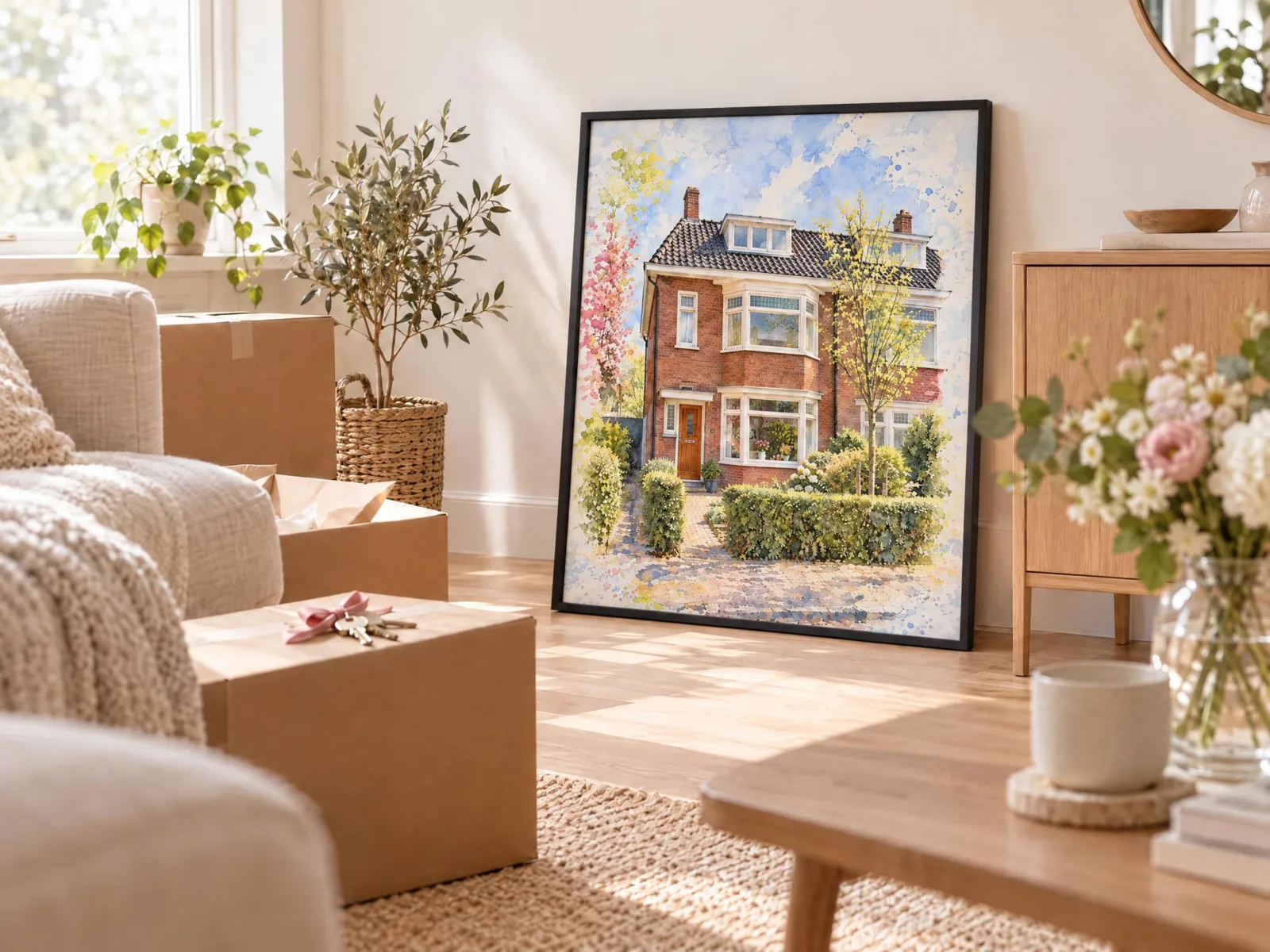 Aquarel van een huis tussen verhuisdozen in een nieuw huis