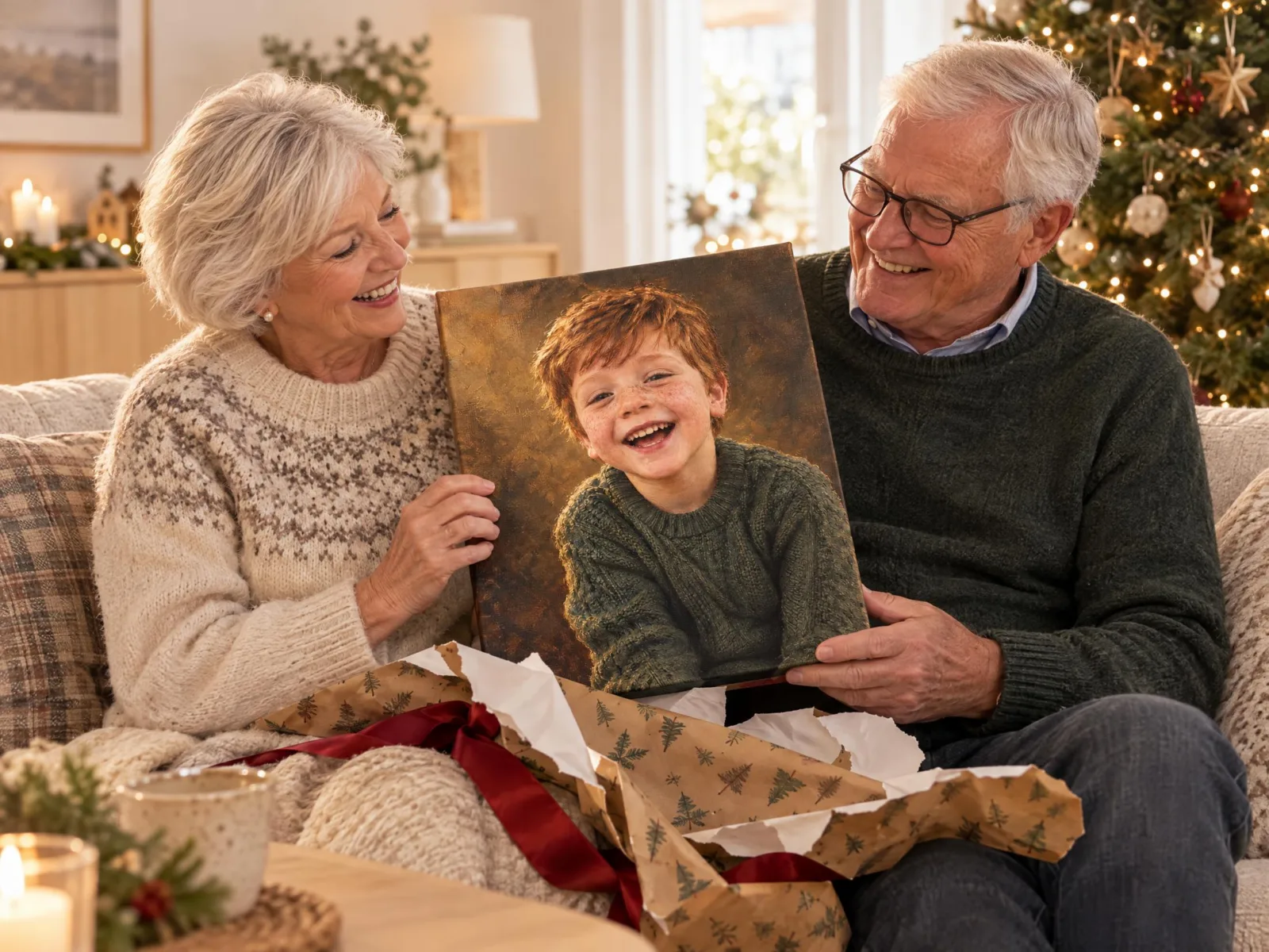 Opa en oma pakken bij de kerstboom een portret van hun kleinzoon uit