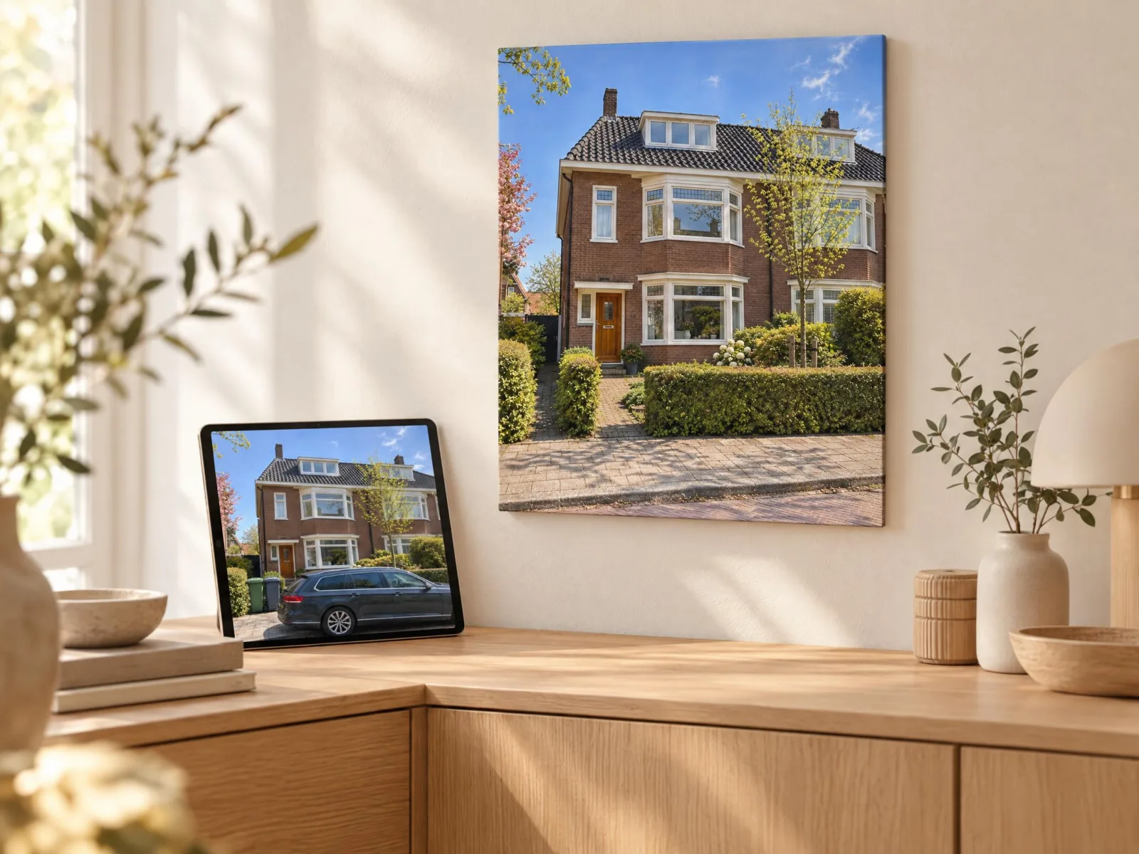 Tablet met een foto met auto en kliko's naast dezelfde foto zonder, op canvas