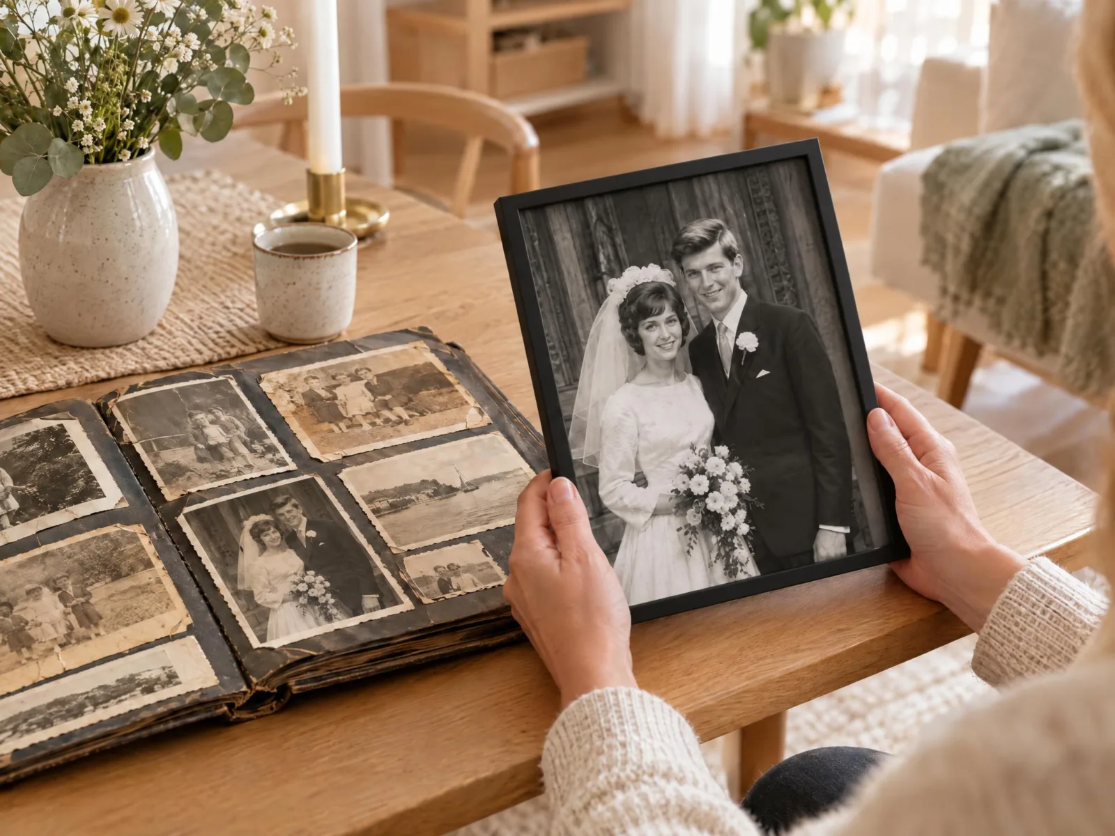 Fotoalbum met oude foto's en een opgeknapte trouwfoto in een lijst
