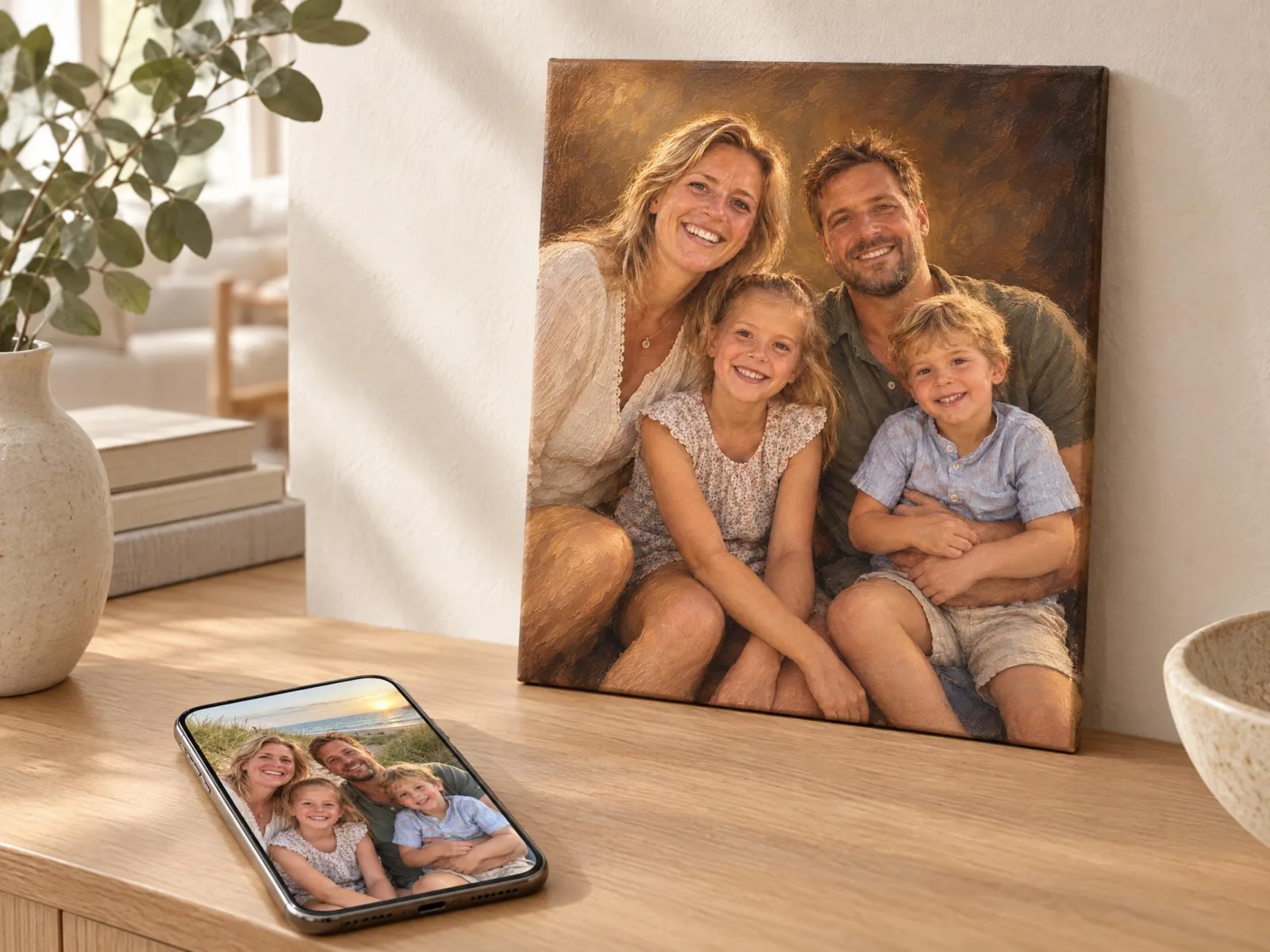 Telefoon met een gezinsfoto naast hetzelfde gezin als klassiek schilderij
