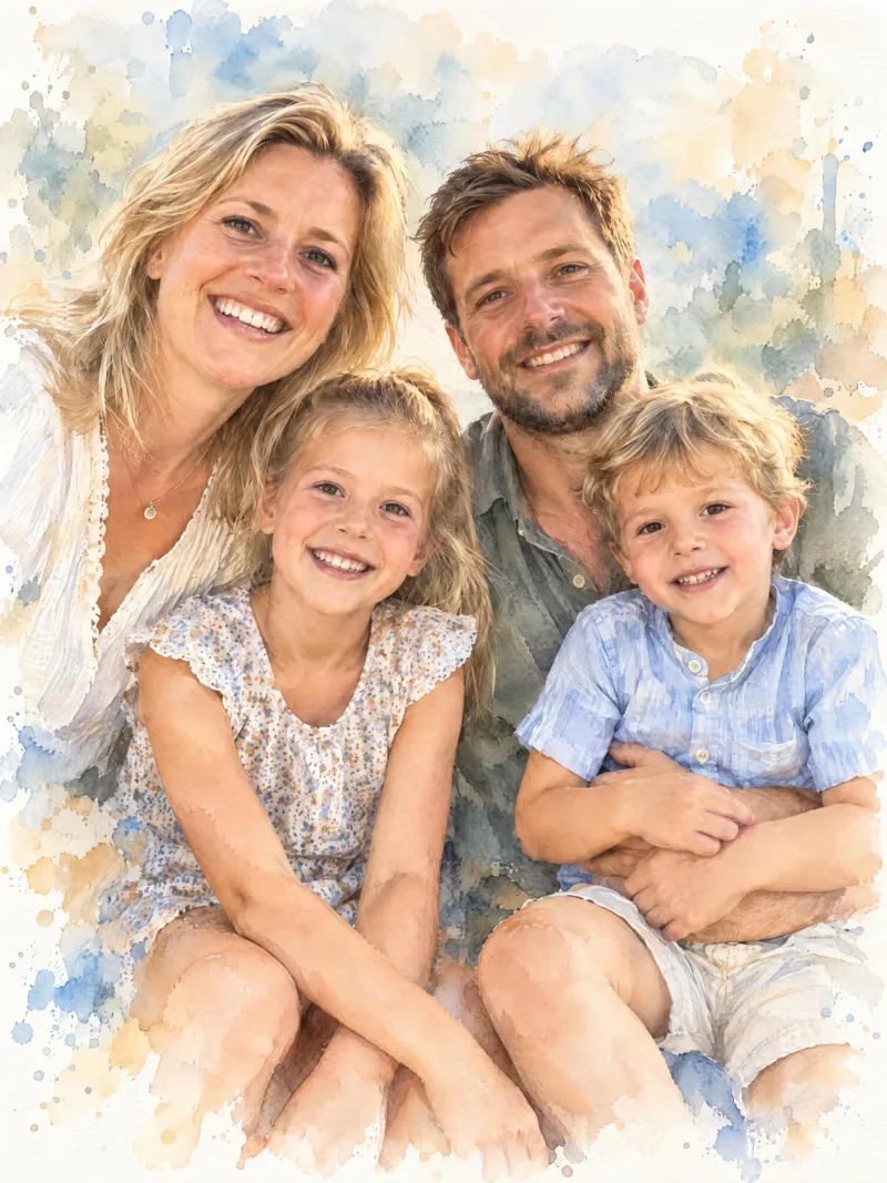 Gezin met twee kinderen als aquarel