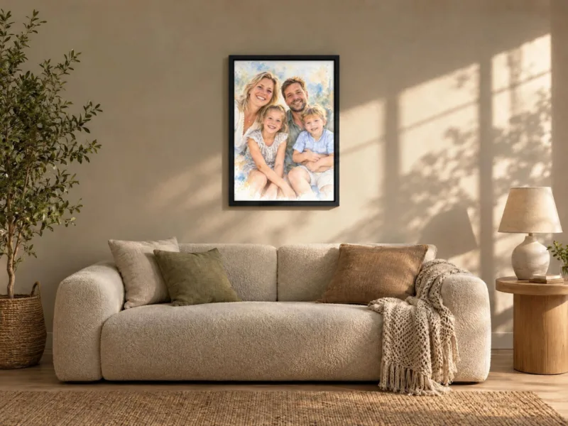 Familieportret in aquarel op canvas in een zwarte baklijst, boven de bank