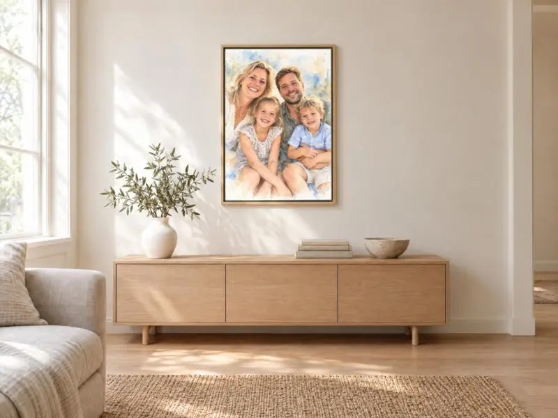 Familieportret in aquarel op canvas in een houten baklijst, boven een dressoir