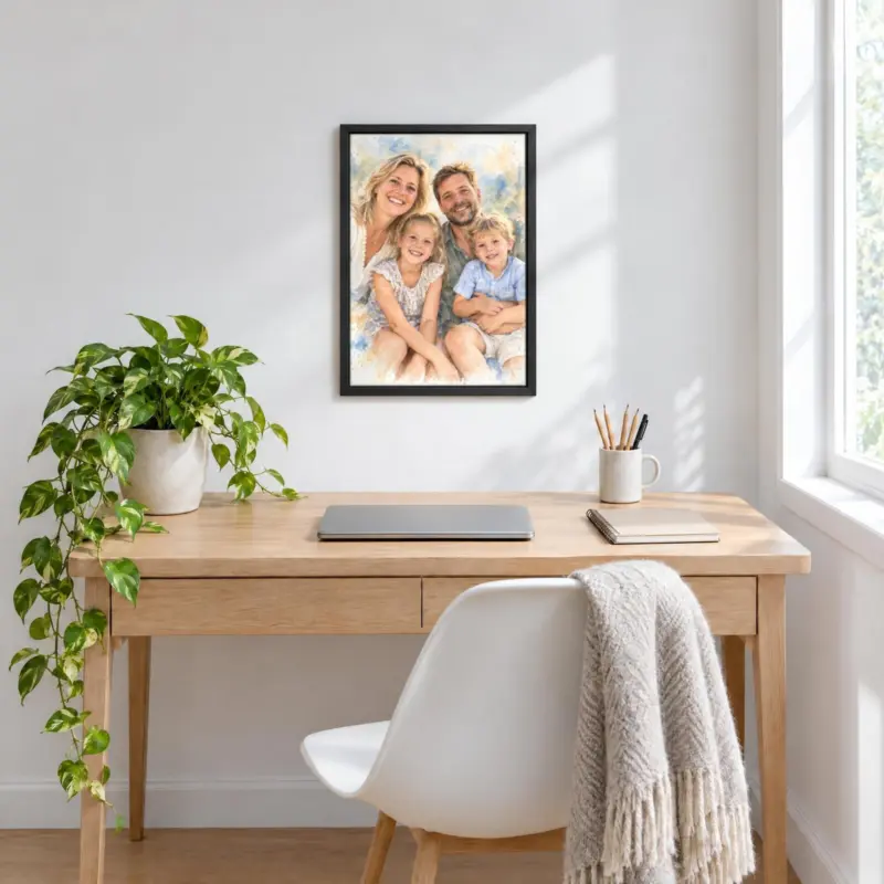 Familieportret in aquarel op canvas in een zwarte baklijst, boven een bureau