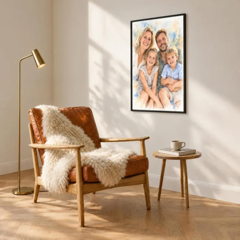 Familieportret in aquarel in een zwarte lijst, boven een fauteuil