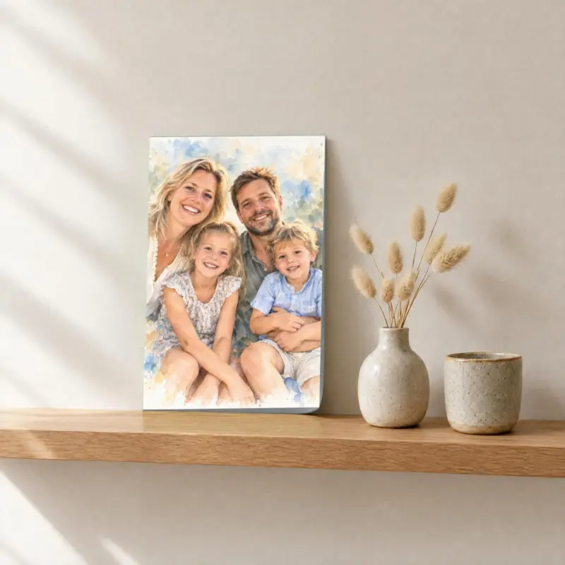 Familieportret in aquarel als losse print, op een fotorichel